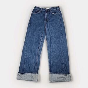 Free People East Bay Cuffed Denim Jeans Blue Slouchy Baggy Wide Leg Size 28